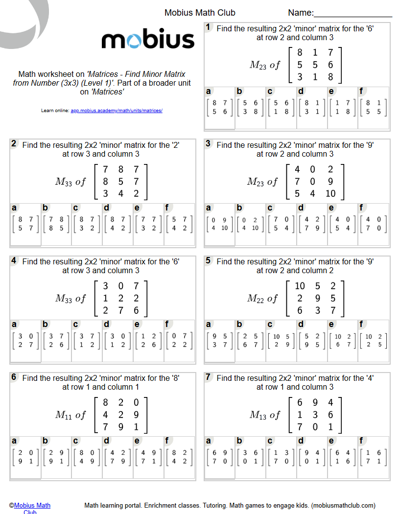 Free Worksheet Matrices Find Minor Matrix From Number X Level