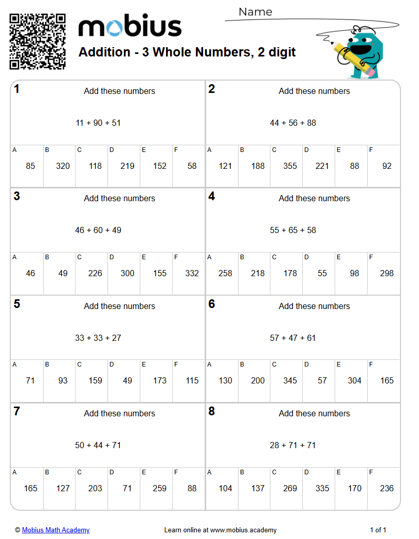 Addition - 3 Whole Numbers, 2 digit | Level 2 | Grade 5 Math Worksheets ...