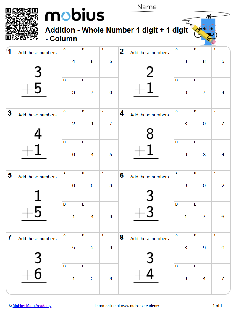 Addition - Whole Number 1 digit + 1 digit - Column (Level 1) - Mobius ...