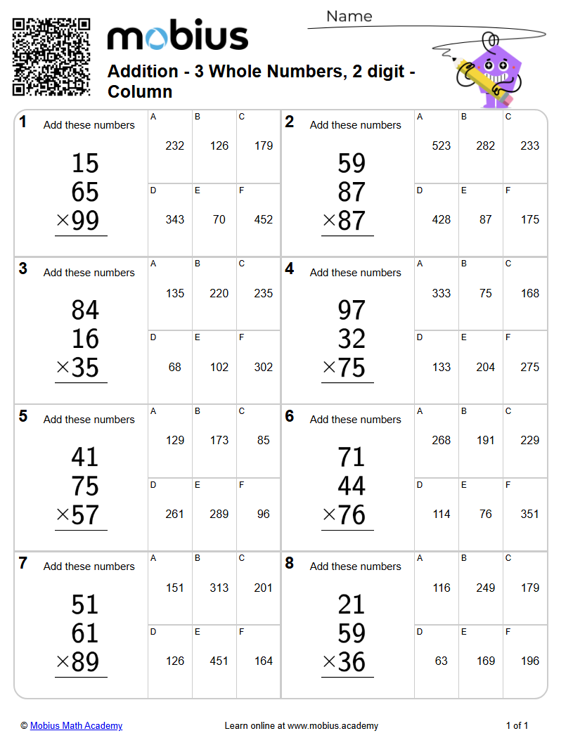 Addition - 3 Whole Numbers, 2 digit - Column | Level 2 | Grade 5 Math ...