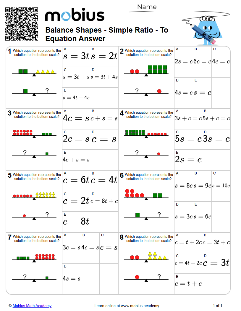Balance Shapes - Simple Ratio - To Equation Answer | Level 3 | Grade 8 ...