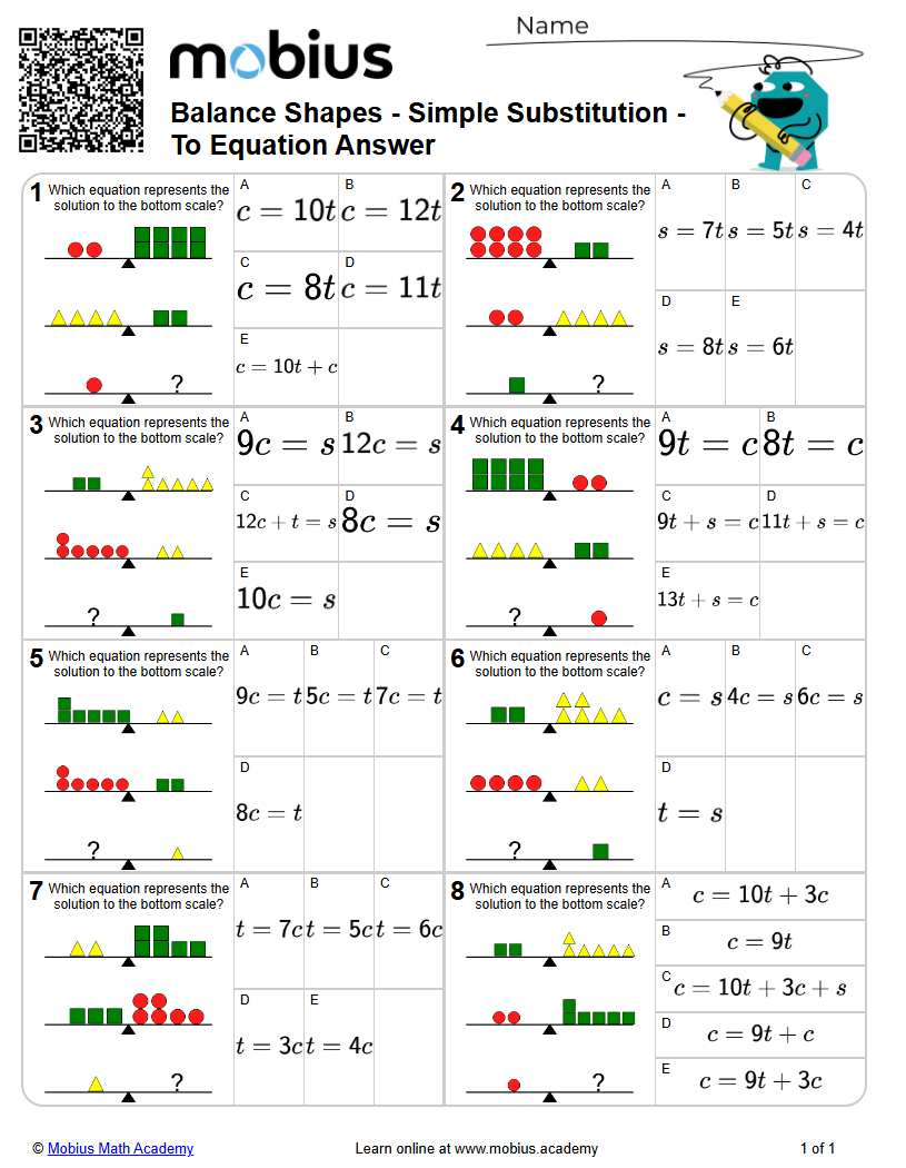 Balance Shapes - Simple Substitution - To Equation Answer (Level 2 ...