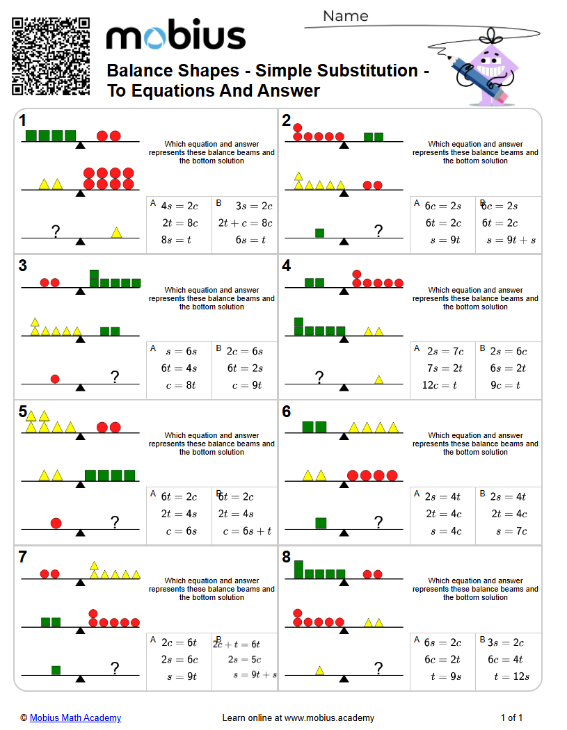 Balance Shapes - Simple Substitution - To Equations And Answer (Level 1 ...