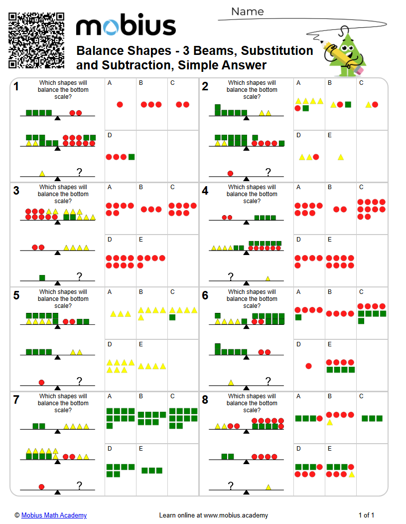 Balance Shapes - 3 Beams, Substitution and Subtraction, Simple Answer ...