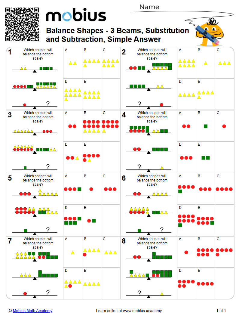 Balance Shapes - 3 Beams, Substitution and Subtraction, Simple Answer ...