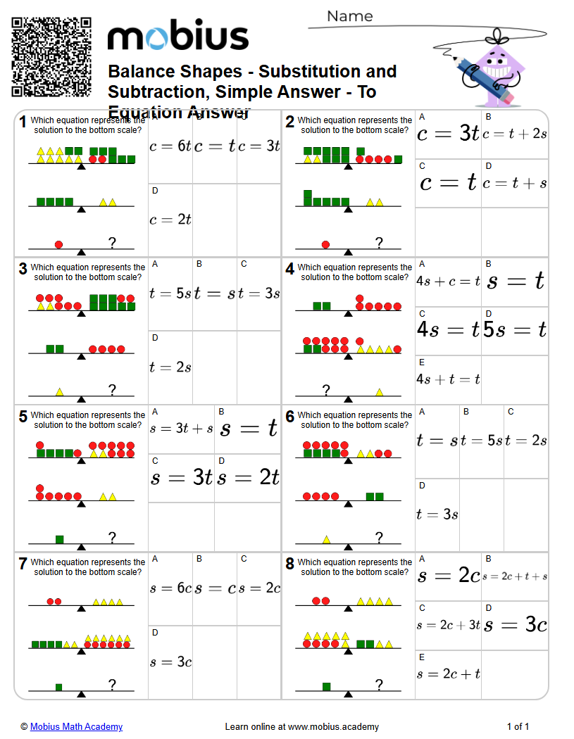 Balance Shapes - Substitution and Subtraction, Simple Answer - To ...