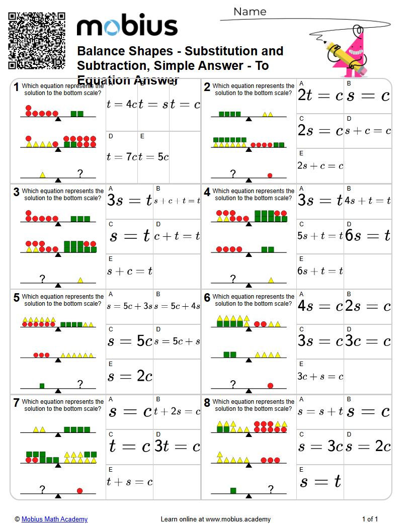 Balance Shapes - Substitution and Subtraction, Simple Answer - To ...