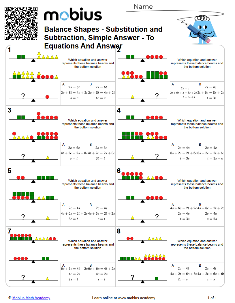 Level 1 | Algebra | Grade 8 Math Worksheets - Mobius Math Academy