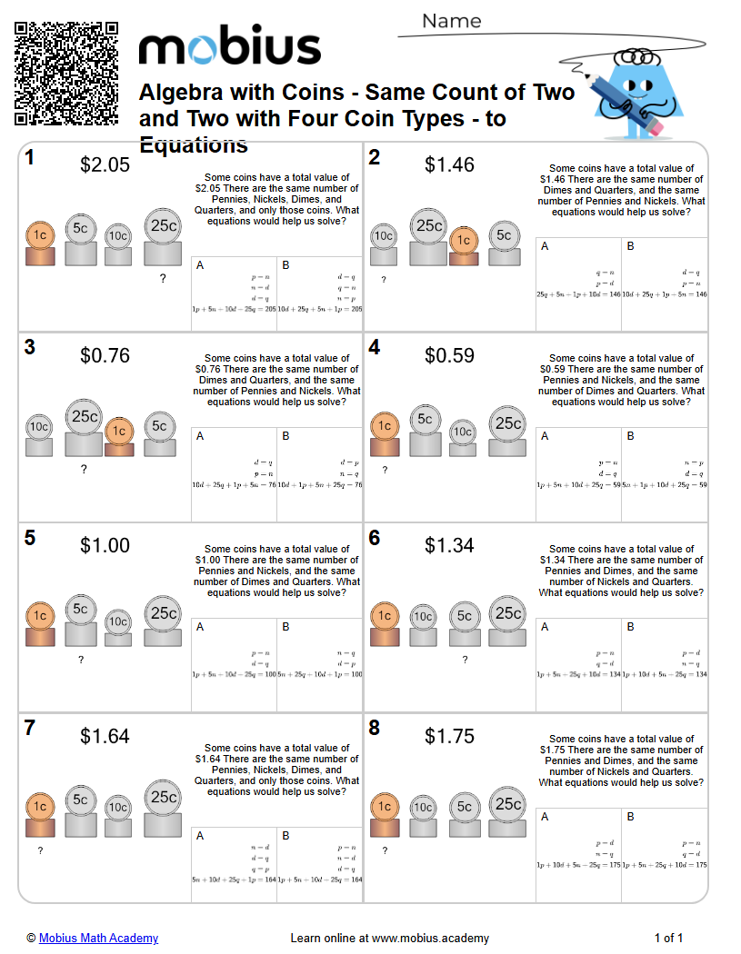 Level 1 | Algebra | Grades 8-9 Math Worksheets - Mobius Math Academy