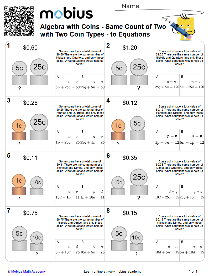 Level 1 | Algebra | Grade 7 Math Worksheets - Mobius Math Academy