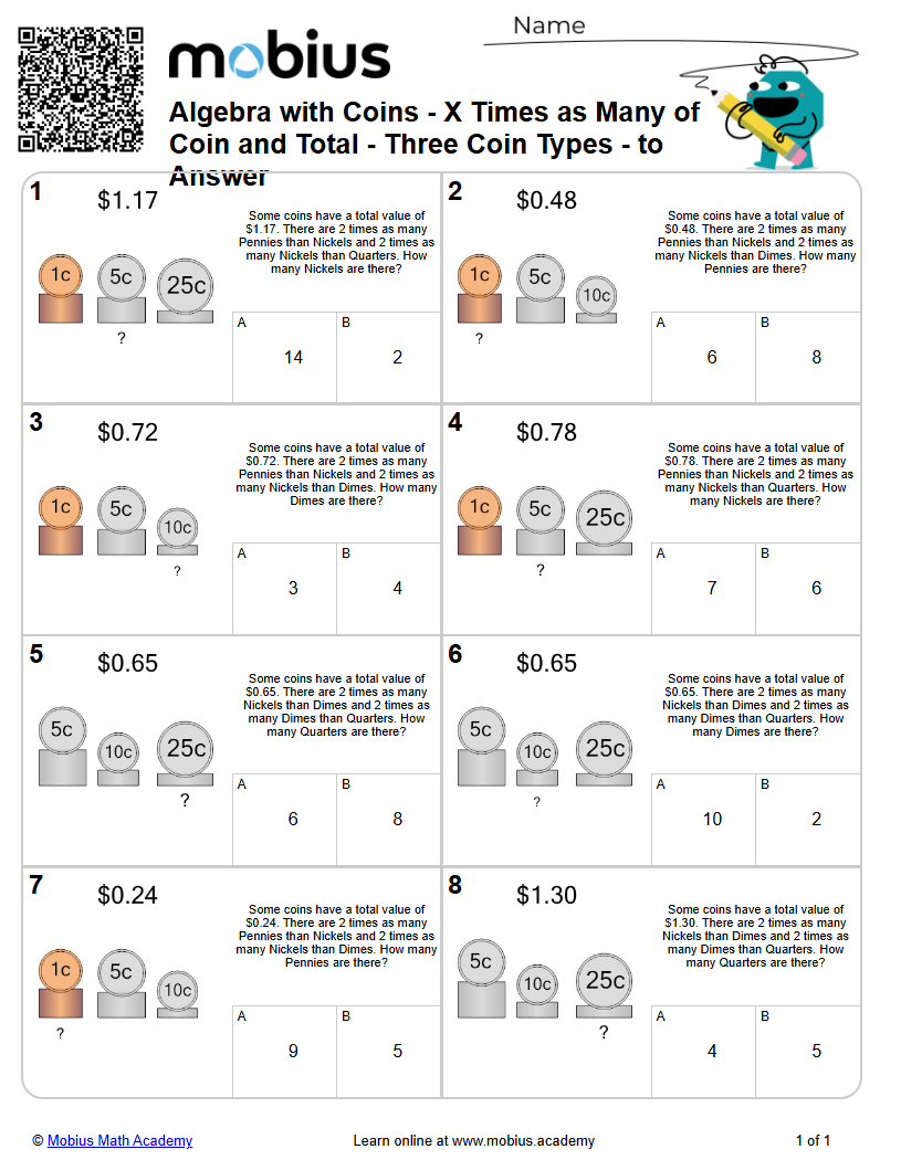 Algebra with Coins - X Times as Many of Coin and Total - Three Coin ...