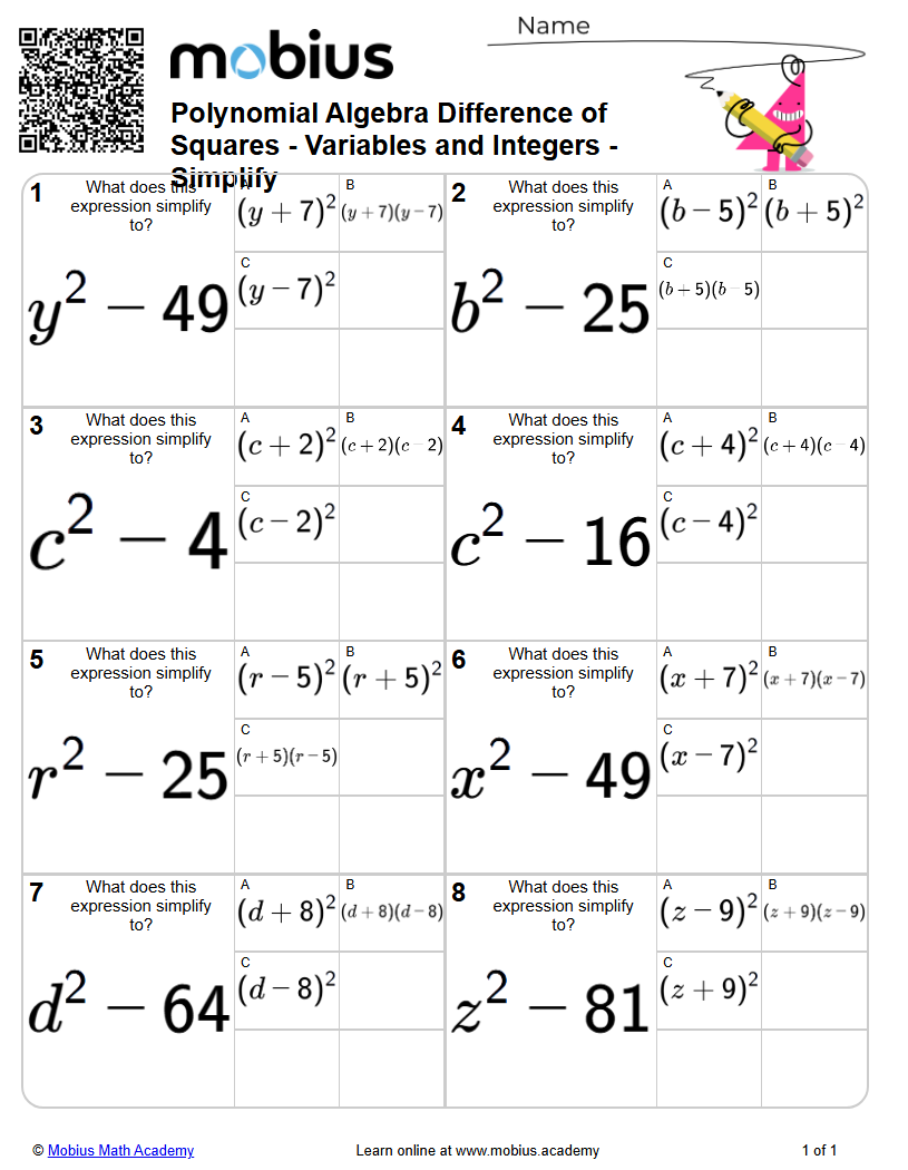 Level 1 | Algebra | Grades 10-12 Math Worksheets - Mobius Math Academy
