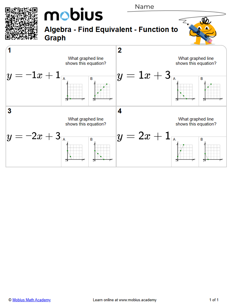 Algebra - Find Equivalent - Function to Graph (Level 1) - Mobius Math ...