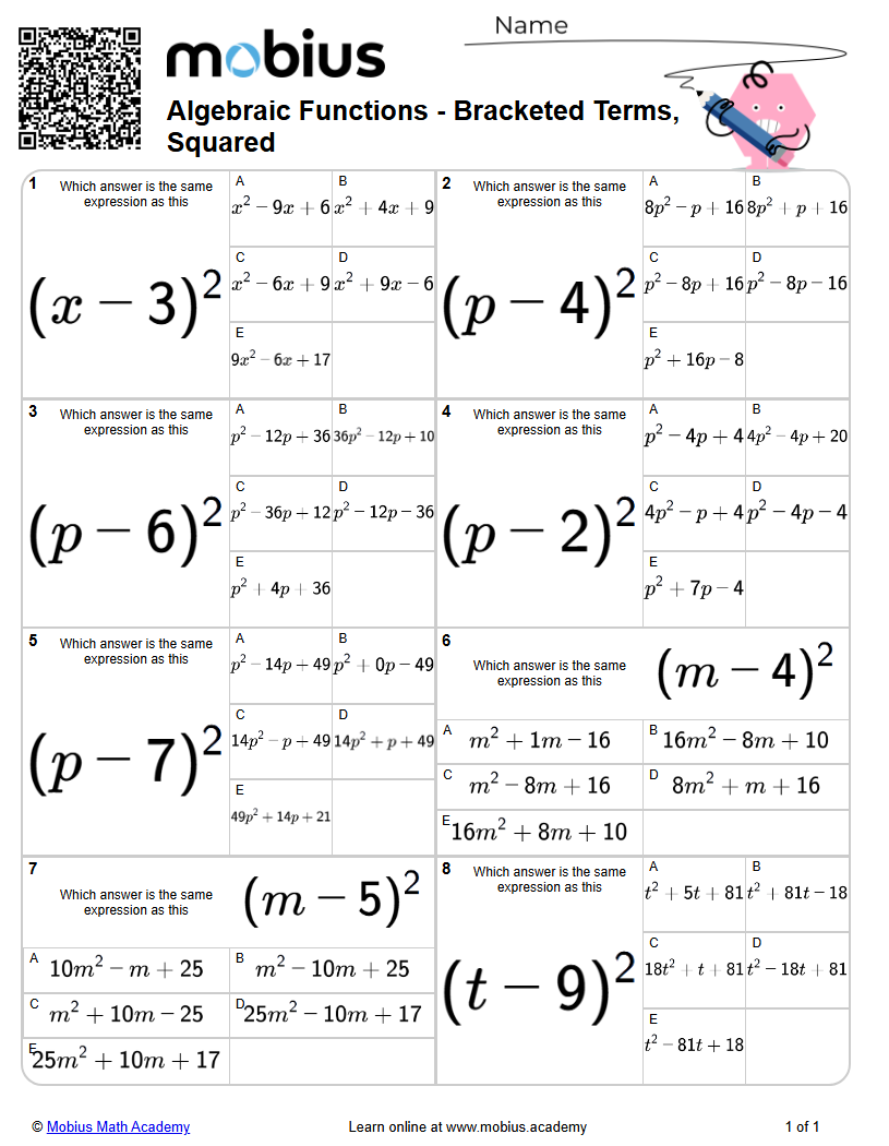 Algebraic Functions - Bracketed Terms, Squared (Level 2) - Mobius Math ...