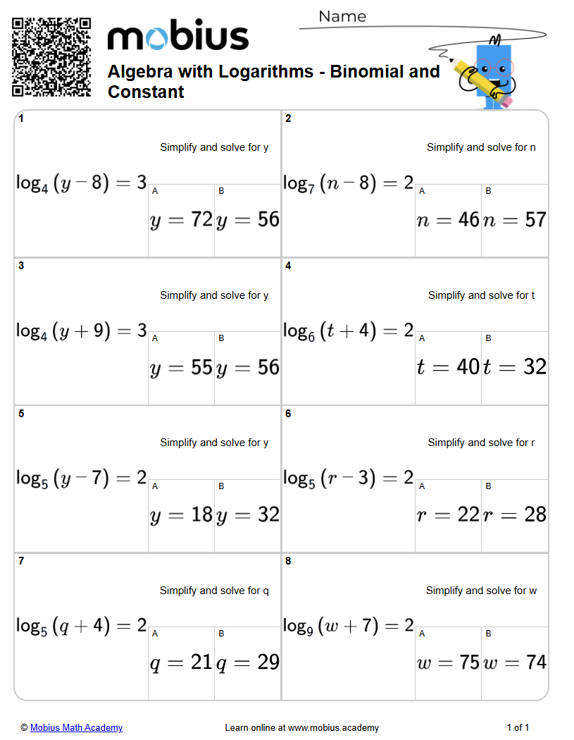 Algebra with Logarithms - Binomial and Constant (Level 1) - Mobius Math ...