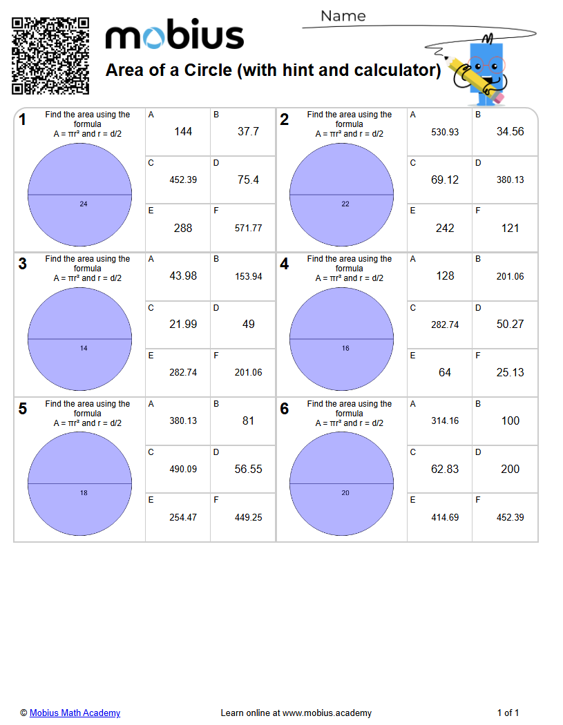 Area of a Circle (with hint and calculator) (Level 2) - Mobius Math Academy