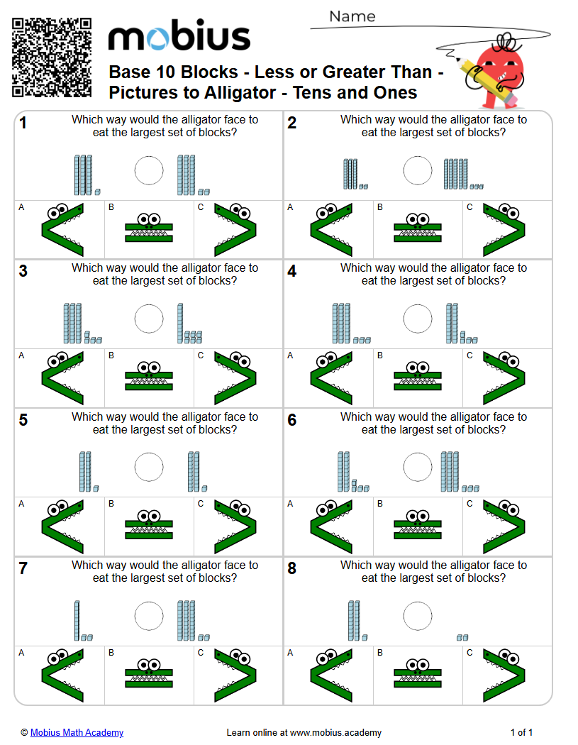 Base 10 Blocks - Less or Greater Than - Pictures to Alligator - Tens ...