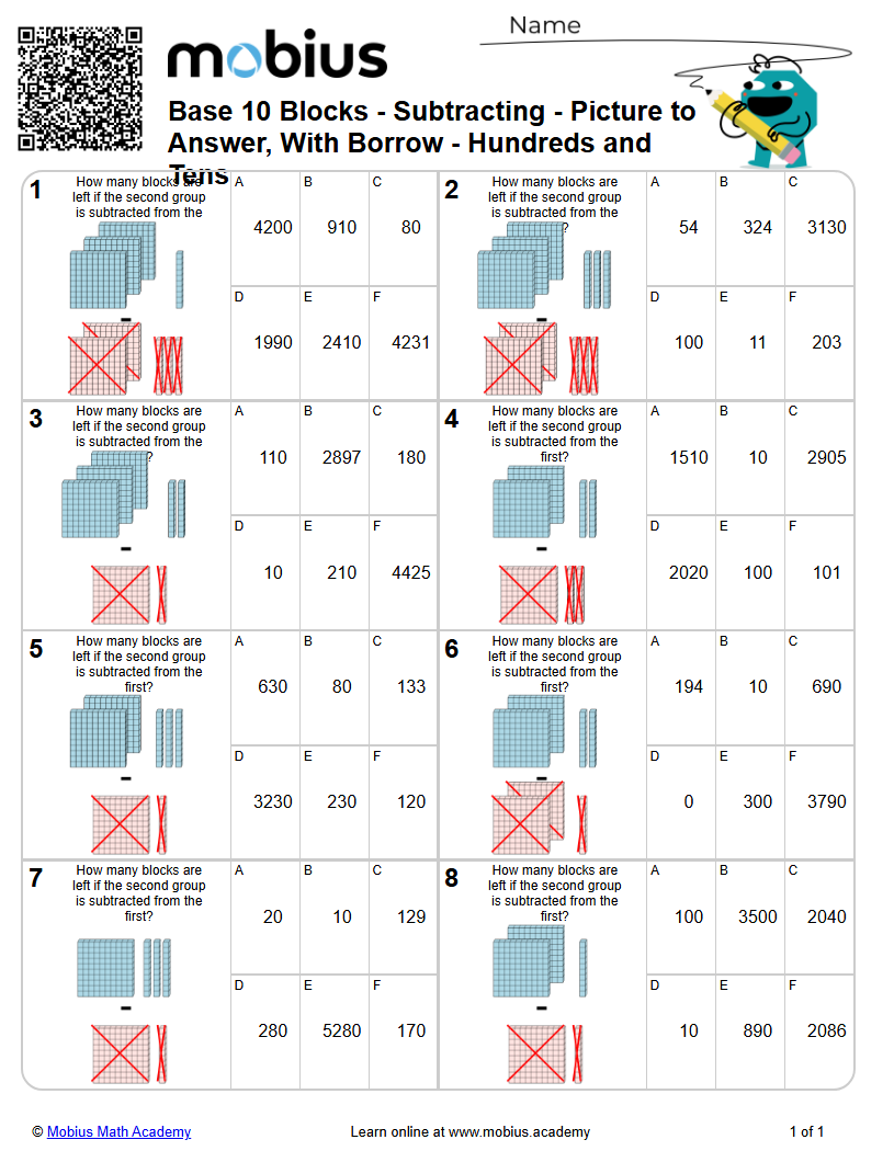 Subtracting - Picture to Answer, With Borrow - Hundreds and Tens (Level ...