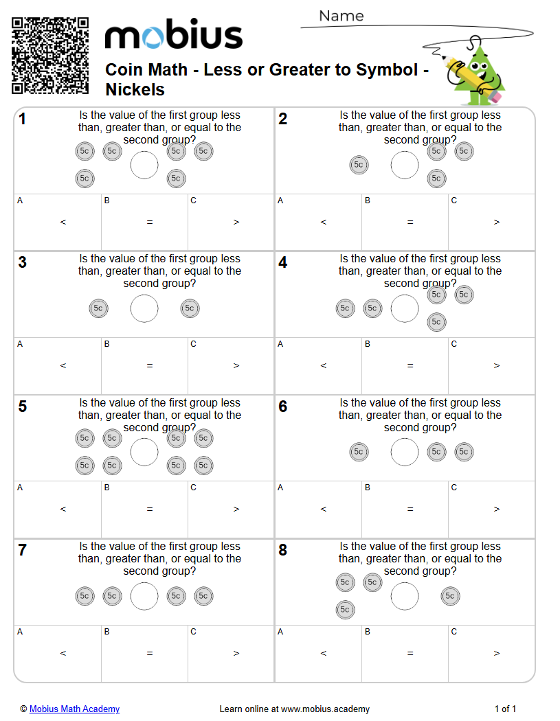 Coin Math - Less or Greater to Symbol - Nickels (Level 1) - Mobius Math ...