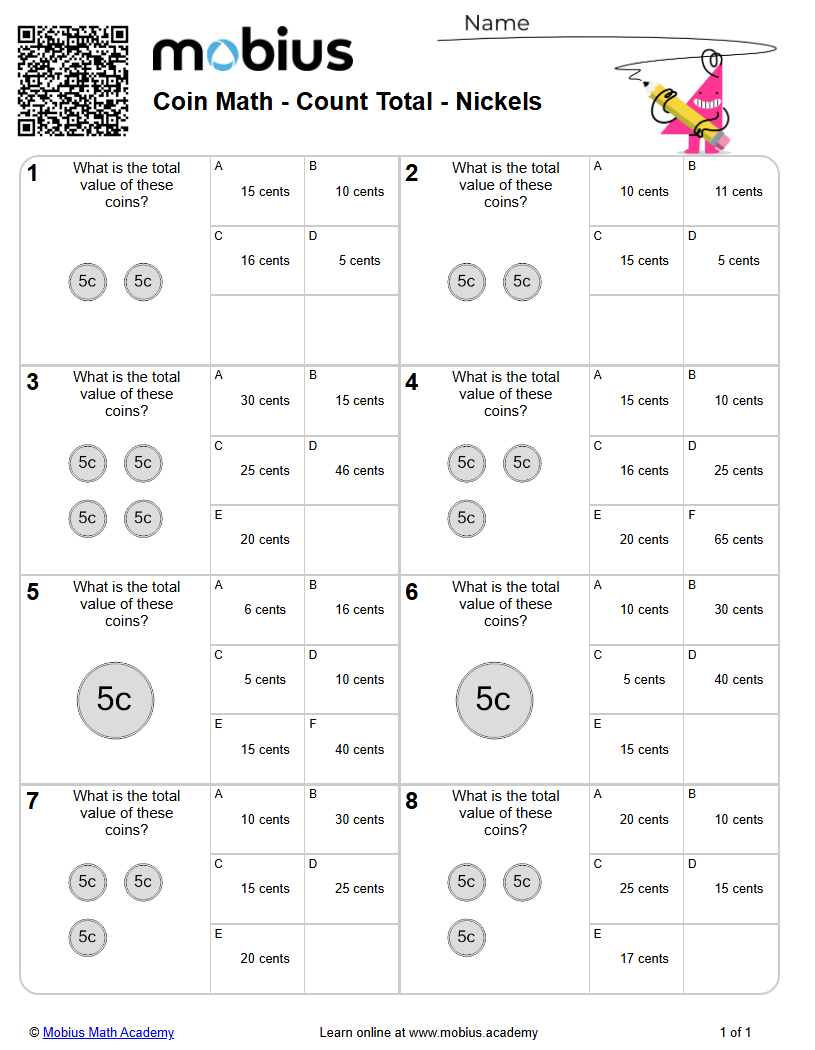 Coin Math - Count Total - Nickels (Level 1) - Mobius Math Academy