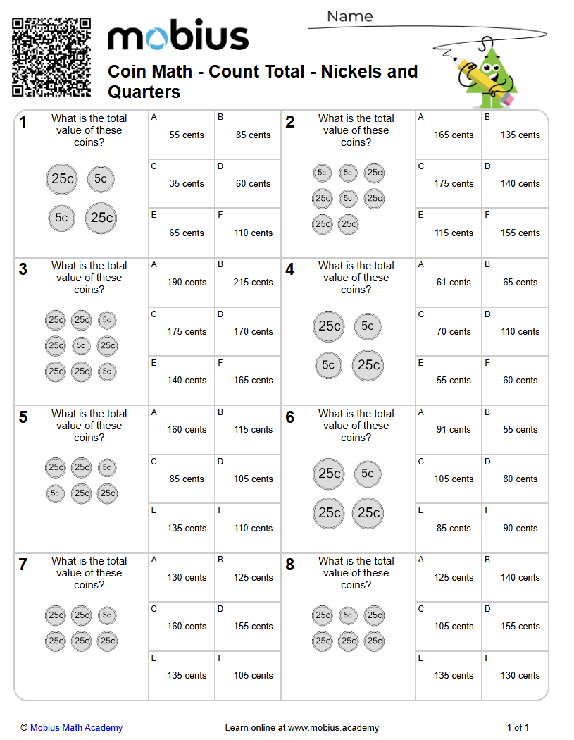 Coin Math - Count Total - Nickels and Quarters (Level 3) - Mobius Math ...