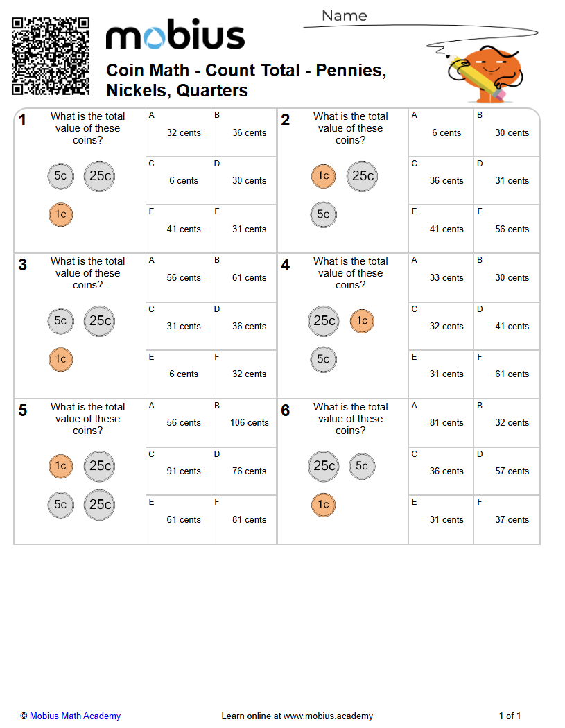 Coin Math | Count Total - Pennies, Nickels, Quarters (Level 1) | Grades ...