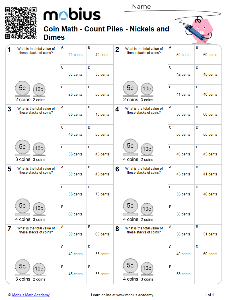 Coin Math - Count Piles - Nickels and Dimes (Level 1) - Mobius Math Academy