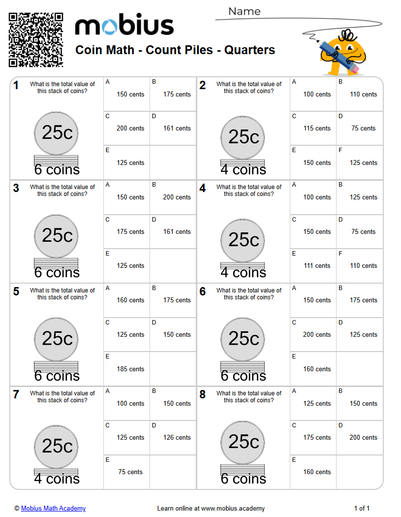 Coin Math - Count Piles - Quarters (Level 2) - Mobius Math Academy