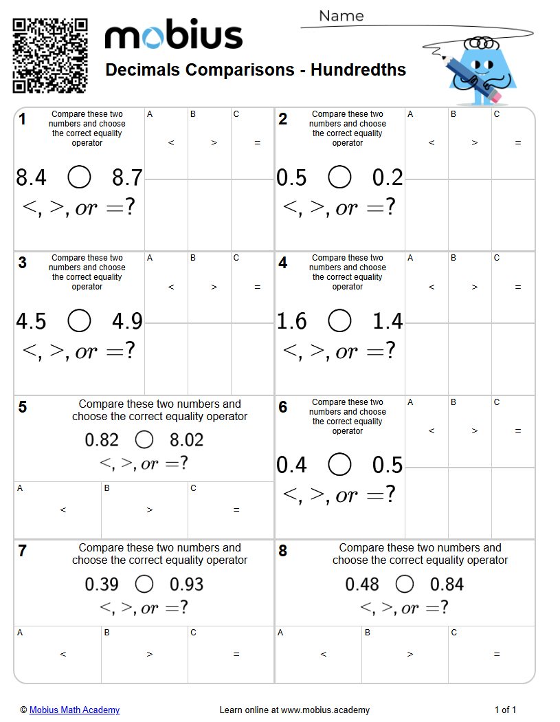 Level 1 | Fractions/Decimals | Grades 4-6 Math Worksheets - Mobius Math ...