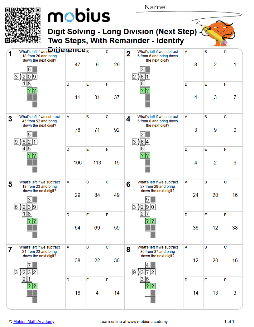 Digit Solving - Long Division (Next Step) - Two Steps, With Remainder ...