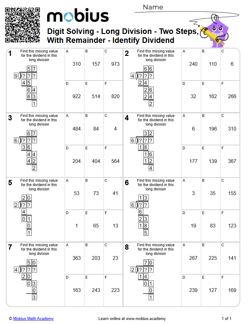 Digit Solving - Long Division - Two Steps, With Remainder - Identify ...