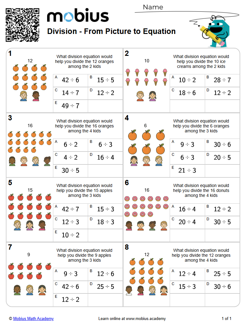 Level 1 | Multiply/Divide | Grades 3-4 Math Worksheets - Mobius Math ...
