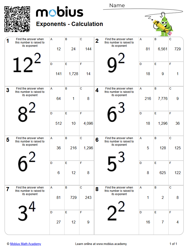 Calculation (Level 2) | Exponents | Grades 5-9 Math Worksheets - Mobius ...