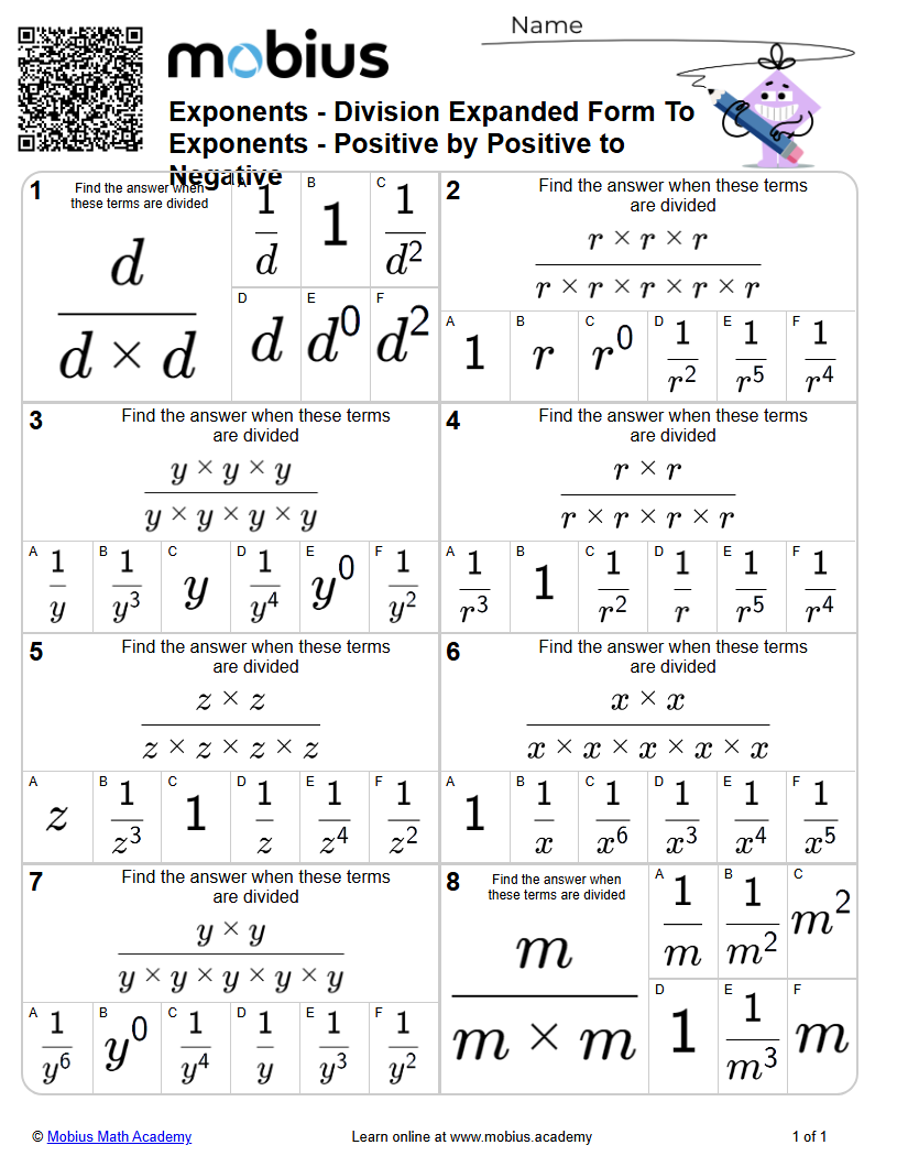 Level 1 | Exponents | Grade 7 Math Worksheets - Mobius Math Academy