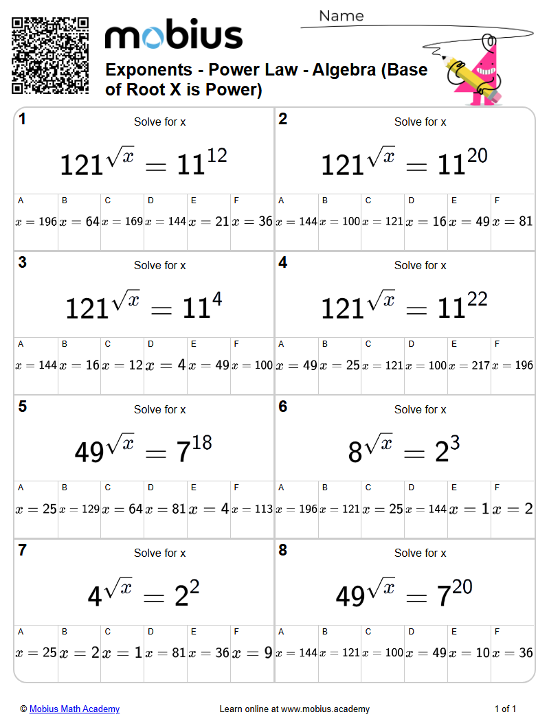Exponents | Power Law - Algebra (Base of Root X is Power) (Level 1 ...