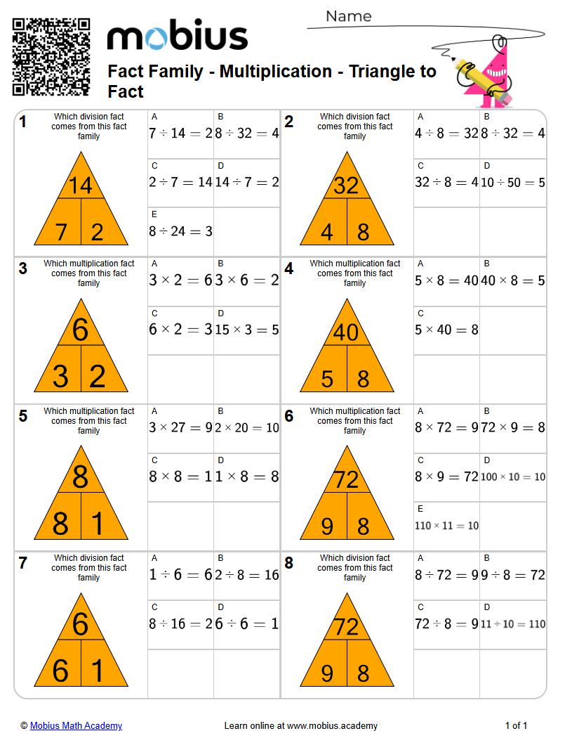 Fact Family - Multiplication - Triangle to Fact (Level 2) - Mobius Math ...