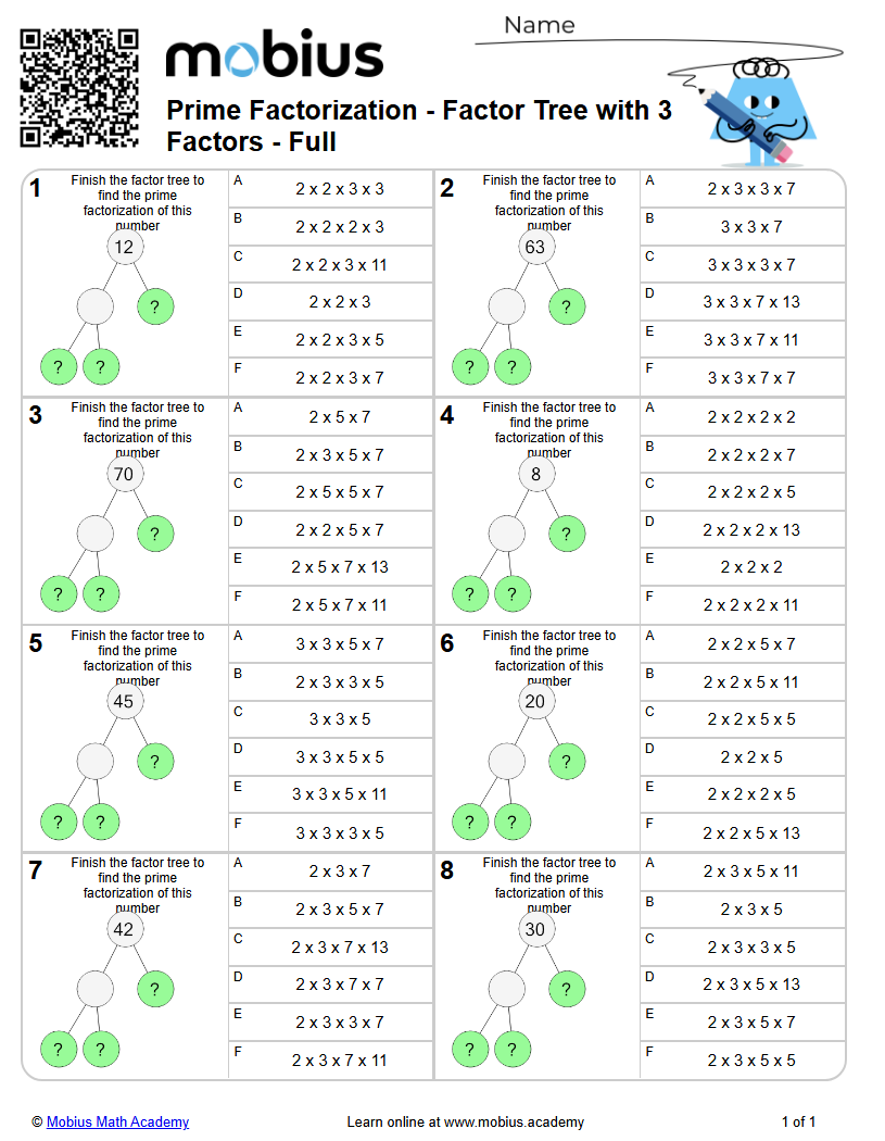 Prime Factorization - Factor Tree with 3 Factors - Full (Level 1 ...