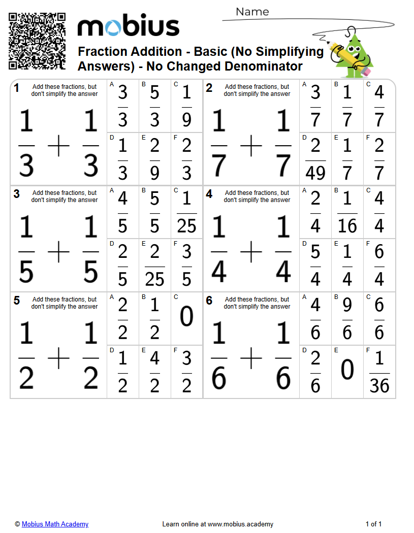 Fraction Addition - Basic (No Simplifying Answers) - No Changed ...