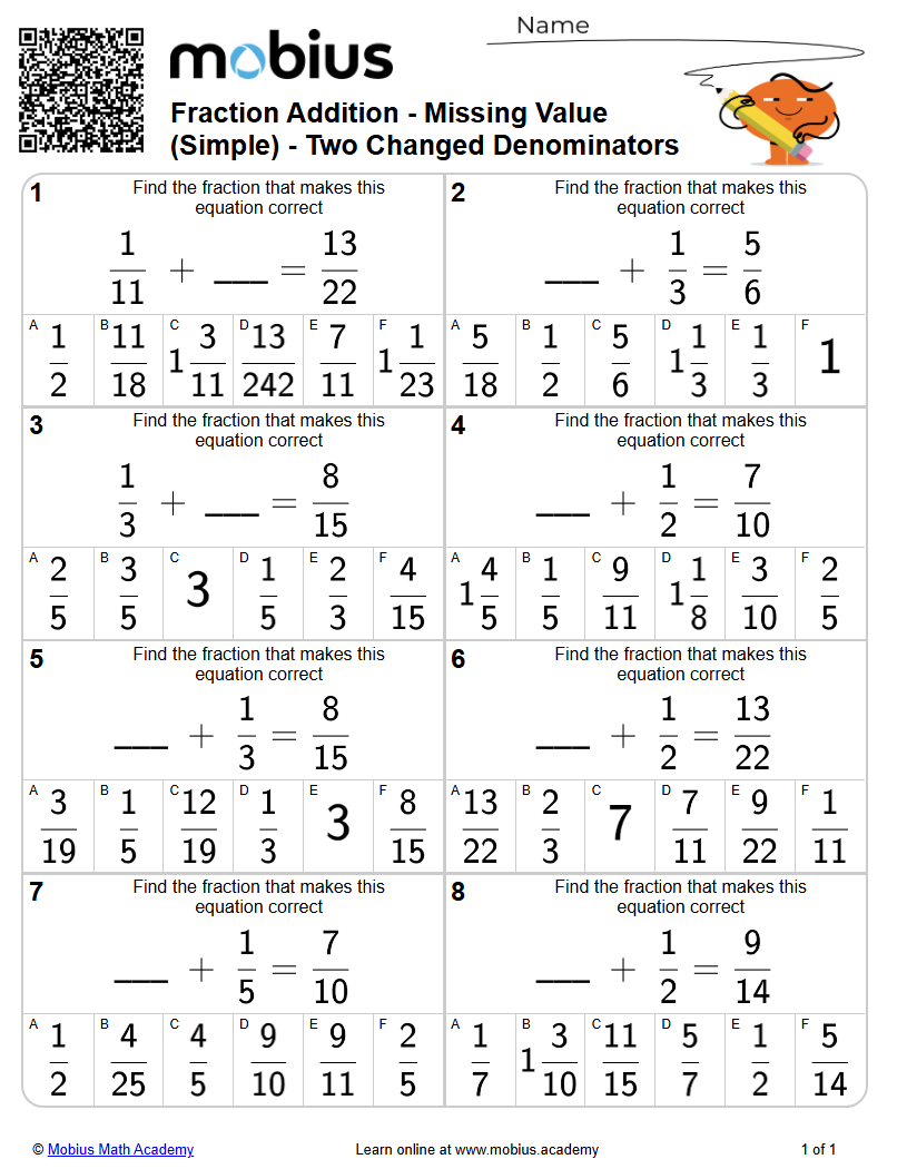 Level 1 | Fractions/Decimals | Grades 6-11 Math Worksheets - Mobius ...