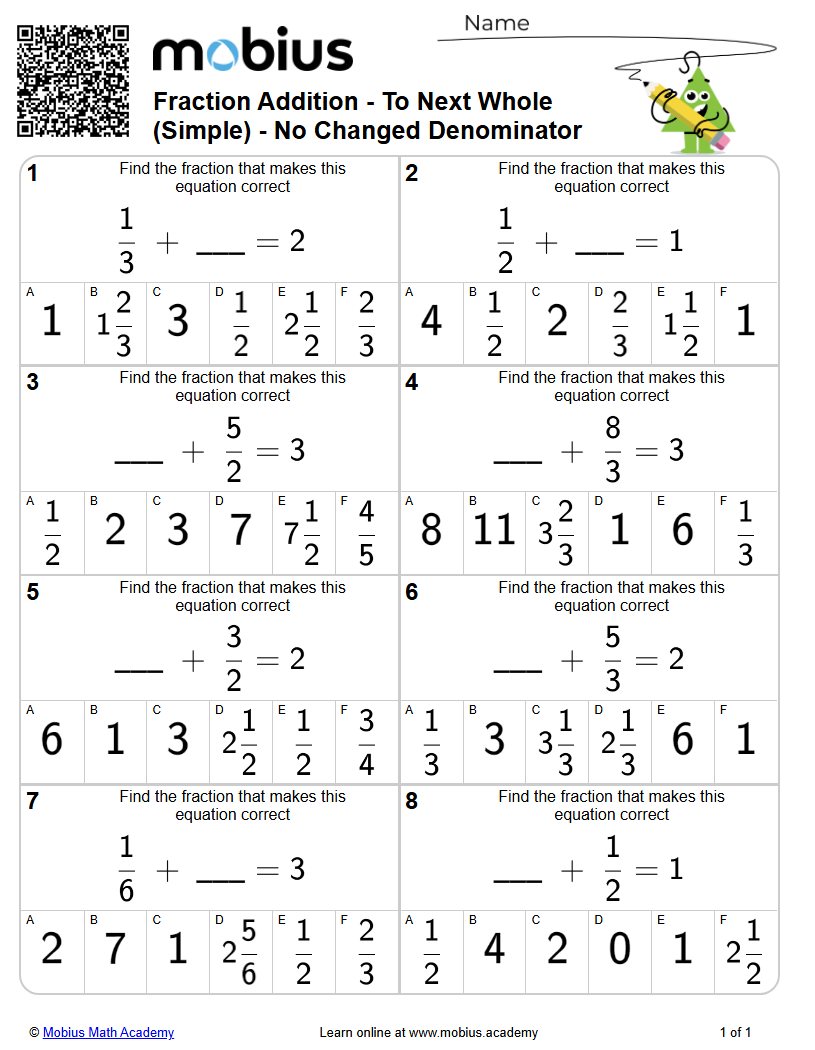 Fraction Addition - To Next Whole (Simple) - No Changed Denominator ...