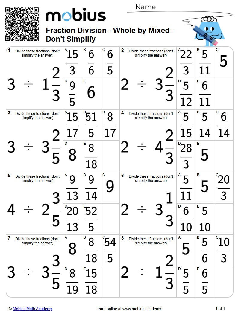 Fraction Division - Whole by Mixed - Don't Simplify | Level 1 | Grades ...