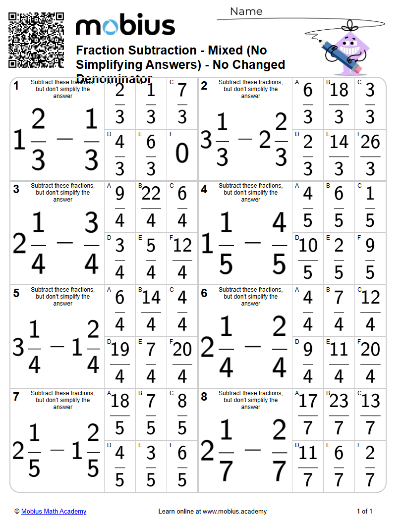 Fraction Subtraction - Mixed (No Simplifying Answers) - No Changed ...