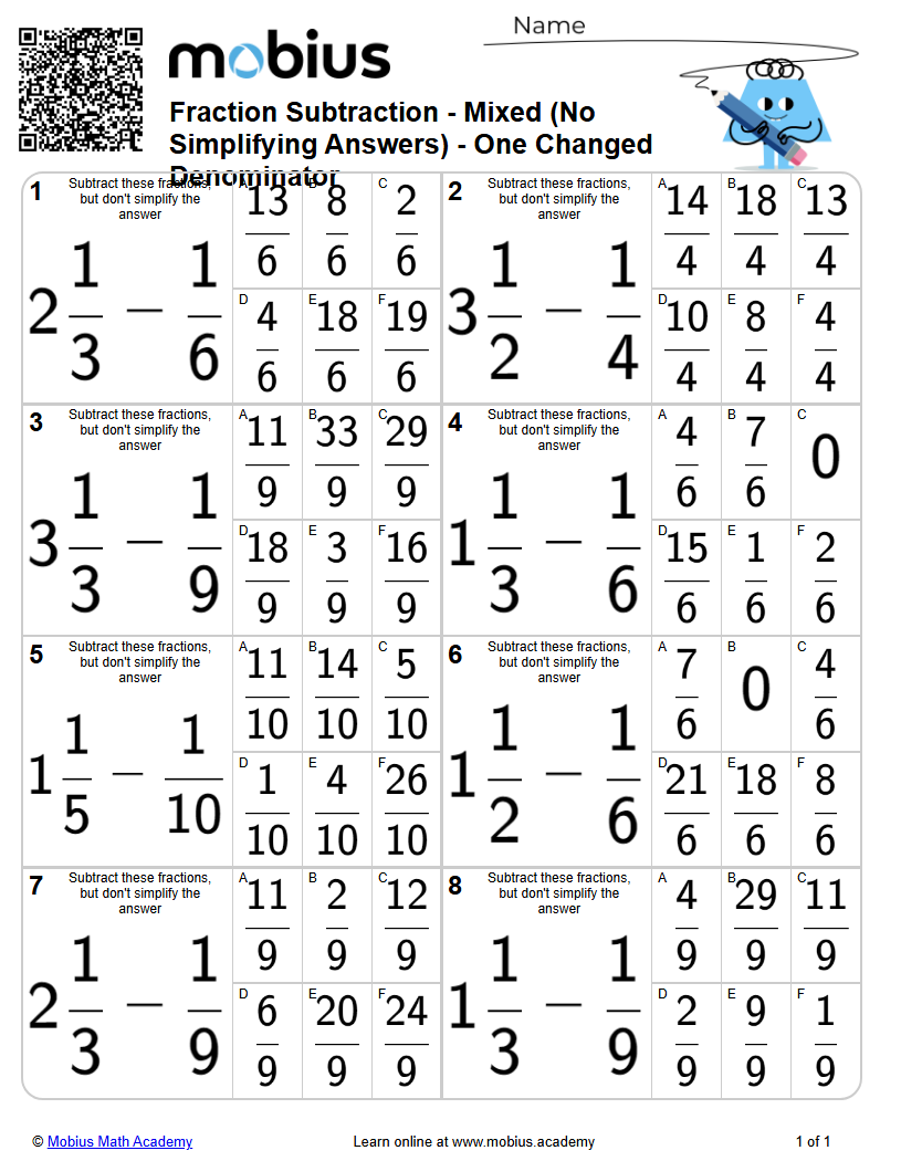 Fraction Subtraction - Mixed (No Simplifying Answers) - One Changed ...