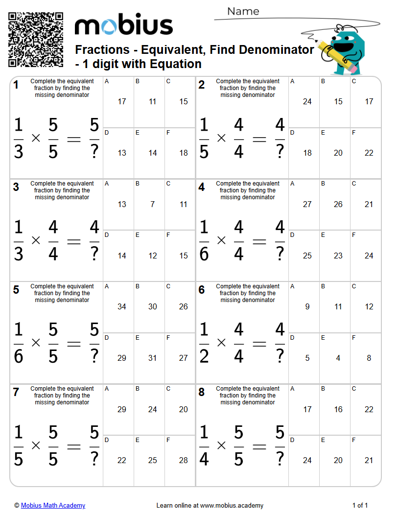 Fractions - Equivalent, Find Denominator - 1 digit with Equation ...