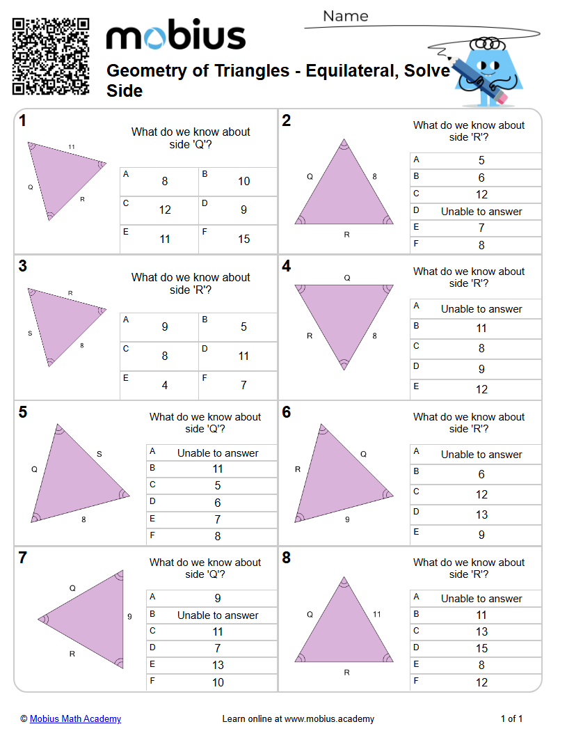 Geometry of Triangles - Equilateral, Solve Side (Level 1) - Mobius Math ...