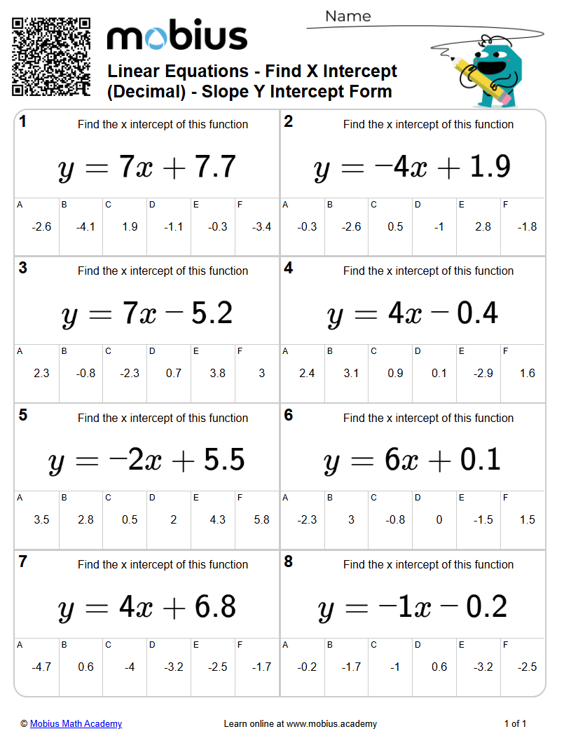 Linear Equations - Find X Intercept (Decimal) - Slope Y Intercept Form ...