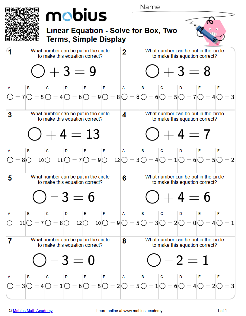 Solve for Box, Two Terms, Simple Display (Level 1) | Algebra | Grades 6 ...