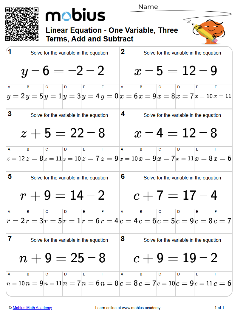 One Variable, Three Terms, Add and Subtract (Level 1) | Algebra | Grade ...