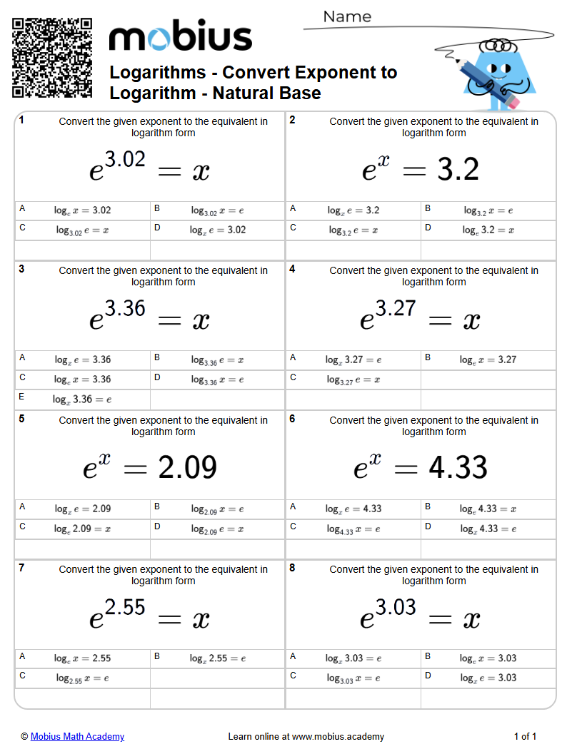 Logarithms - Convert Exponent to Logarithm - Natural Base (Level 1 ...