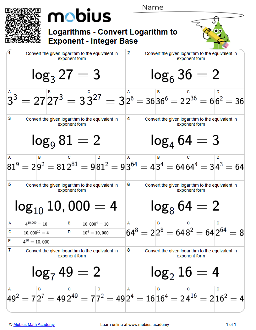 Logarithms - Convert Logarithm to Exponent - Integer Base (Level 1 ...